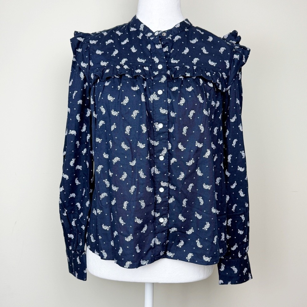 Levi's Gianni Snap Button Paisley Shirt XS Womens Ruffled Navy White A8688-0016